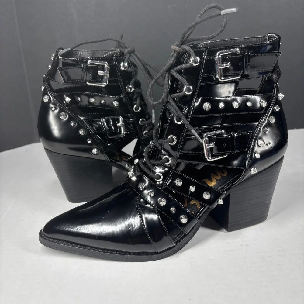 Sam Edelman Elana Black Studded Buckle Lace Up Booties Womens 10 Cutout Punk NEW - Picture 9 of 9